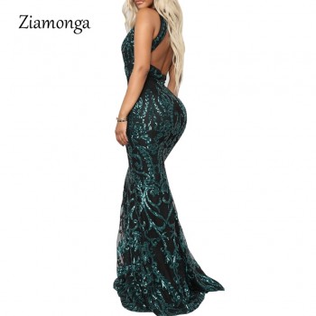 V Neck Mermaid Long Dresses Female Sequined Floor Length Maxi Dress Party Elegant Black Green Gold 